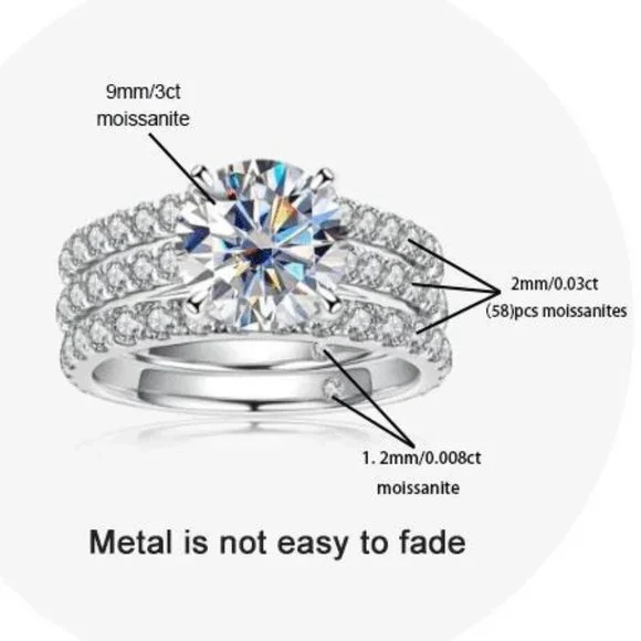 Certified 4.75ct. t.w. Moissanite Diamond Wedding 3 pcs Ring Set NEW - Picture 10 of 14